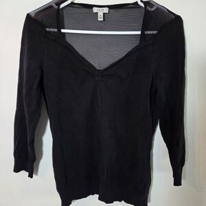 Caché 3/4 Sleeve Mesh Inlay Cinched Ruched Bust Front Sweater M Silk